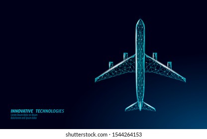 Airplane flying in a dark night sky. Flight up tourism journey symbol concept speed travel symbol. Transportation technology banner template. Low poly 3D vector illustration