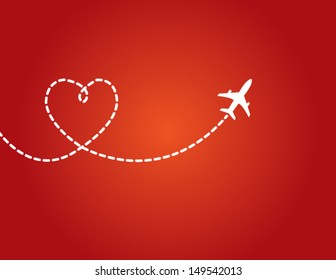 A Airplane flying in the dark red sky leaving behind a love shaped smoke trail