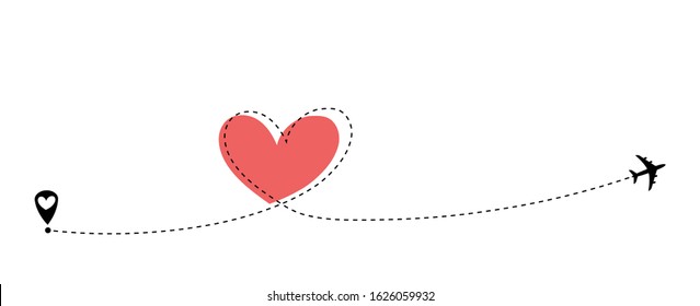 Airplane flying. Dash line heart loop in the sky. Air plane icon. Black silhouette shape. Travel trace. Happy Valentines Day Love romantic card. Flat design. Vector isolated on white background 