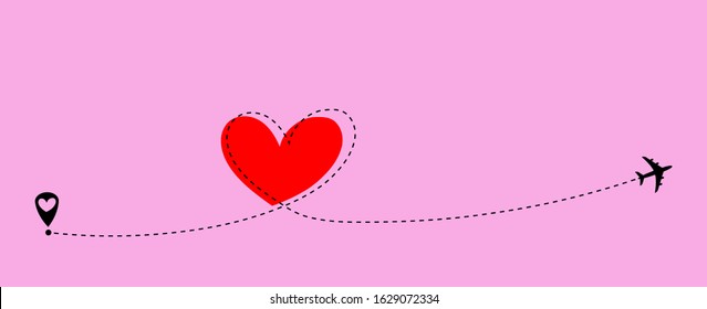 Airplane flying. Dash line heart loop in the sky. Air plane icon. Red silhouette shape. Travel trace. Happy Valentines Day Love romantic card. Flat design. Vector isolated on pink fashion background 