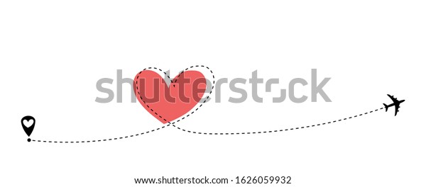 Airplane flying. Dash line heart loop in the sky. Air\
plane icon. Black silhouette shape. Travel trace. Happy Valentines\
Day Love romantic card. Flat design. Vector isolated on white\
background 