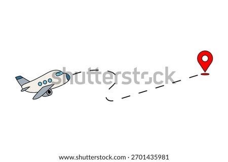 Airplane flying with dashed line route to red location pin on white background. Travel and navigation. Design for poster, banner, card, invitation, postcard, print