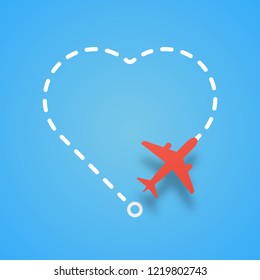 Airplane flying with dashed route like a heart. Vector red air plane flight on white route on blue background design element