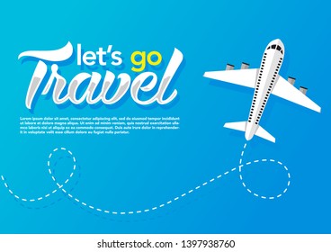 airplane flying with dashed trace line banner in blue background. traveling concept.