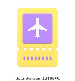 Airplane flying departure pass ticket boarding information 3d icon vector illustration. Plane airways personal authority identification coupon voucher with passenger information authorization document