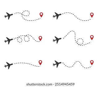 Airplane Flying to the Destination Marker with Flight Trace. Transportation means and travel destinations concept vector