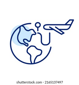 Airplane flying to a destination point on the globe. Pixel perfect, editable stroke line art icon