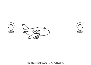 Avión volando ruta directa entre marca sobre fondo blanco. Viajes y navegación. Para póster, Anuncio o infografía.	