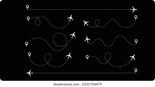 Avión que vuela línea punteada a la colección de destino. Línea de ruta aérea. Los aviones salpicaban la ruta de vuelo. Caminos planos. Rastreo de aeronaves, aviones, viajes, pines de mapas, pines de ubicación. Ilustración vectorial 