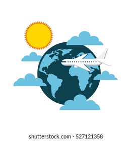 airplane flying  and earth planet icon over white background. colorful design. vector illustration