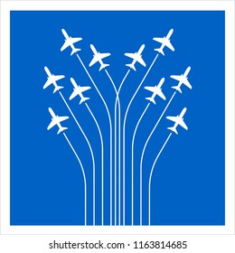 Airplane Flying Formation In Blue Sky, Air Show Display, The Disciplined Flight Vector Art Illustration
