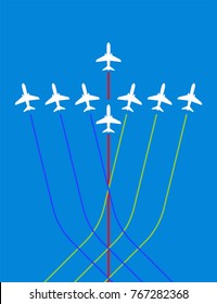 Airplane Flying Formation In Blue Sky, Air Show Display, The Disciplined Flight Vector Art Illustration