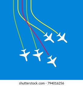 Airplane Flying Formation In Blue Sky, Air Show Display, The Disciplined Flight Vector Art Illustration