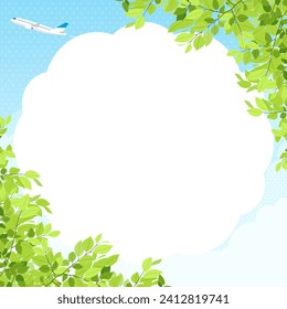 an airplane flying in the fresh green and blue sky