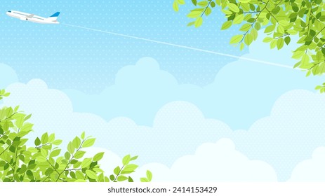 an airplane flying in the fresh green and blue sky