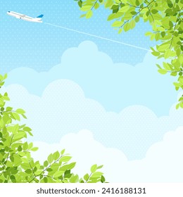 an airplane flying in the fresh green and blue sky