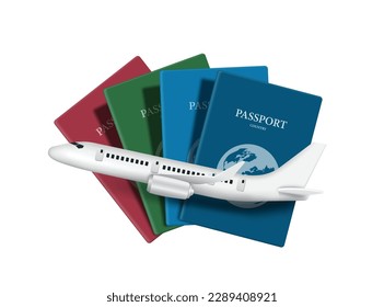 Airplane flying front passport cover  blue  red  green  3d vector isolated white background for travel   international tourism advertising design vector for summer travel concept design