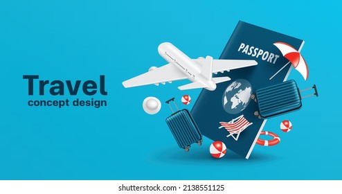 Airplane flying in front of the passport and there was a suitcase with beach lounging gear floating beside it for travel summer concept design,vector 3d isolated for air freight and travel advertising - Shutterstock ID 2138551125