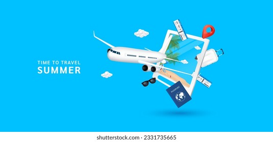 Airplane flying in front of the postcard. Luggage bag, suitcase and passport air ticket floating beside. Travel summer concept. For advertising media about tourism. Isolated 3D Vector EPS10.