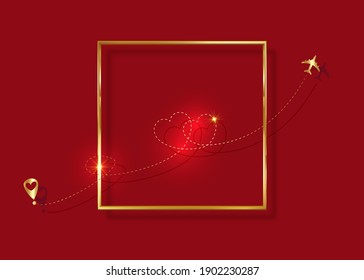 Airplane flying. Gold Dash line hearts loop in the sky on golden frame. Golden silhouette shape. Travel trace. Happy Valentines Day Love romantic card. Flat design. Vector isolated on red background 