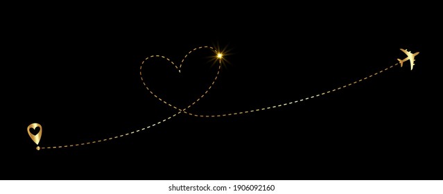 Avión volando. Bucle de corazón de línea Gold Dash en el cielo. Icono de avión. Forma de silueta dorada. Trato de viaje. Feliz Día de San Valentín Amo tarjeta romántica. Diseño plano. Vector aislado en fondo negro