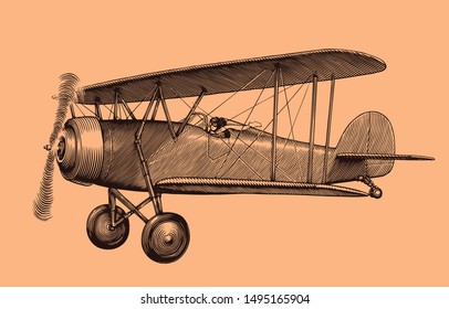 Airplane flying. Hand drawn engraving. Editable vector vintage illustration. Isolated on color background. 8 EPS