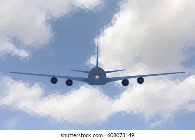 Airplane flying head on in low poly blue sky with clouds, vector illustration