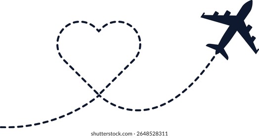 airplane flying with heart shaped trail. plane symbol with dotted line route. design for travel, honeymoon, holiday. transparent vector