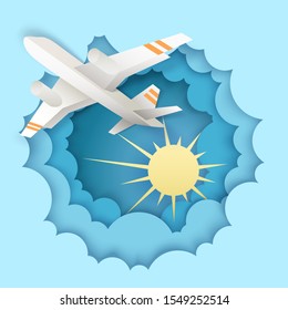 Airplane flying high in layered paper cut sky, vector illustration in modern origami craft style. Traveling, tourism, flight tour concept.