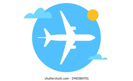 Airplane flying high in the sky. Airplane, sun and clouds icon. Vector modern illustration. Concept of flight, adventure, air travel.