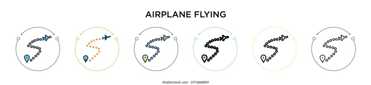 Airplane flying icon in filled, thin line, outline and stroke style. Vector illustration of two colored and black airplane flying vector icons designs can be used for mobile, ui, web