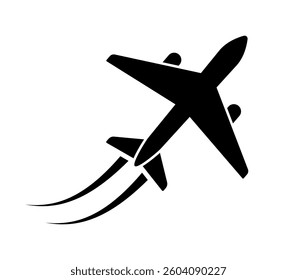 Airplane flying icon, plane flight trail icon vector. Airplane in sky path silhouette shape sign and symbol, airliner or aircraft jet raise route clip art, plane flight icon, vector illustration.