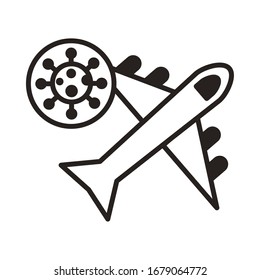 airplane flying with infected cell covid19 line icon vector illustration