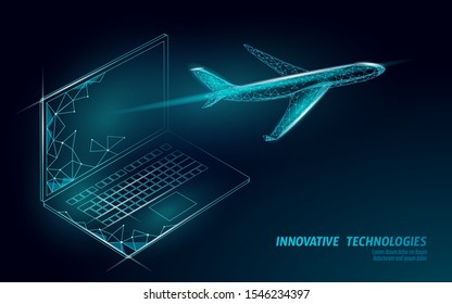 Airplane flying from laptop screen. Flight up tourism journey symbol. Airline flight reservation concept speed travel. Mobile app online store, technology banner template 3D vector illustration