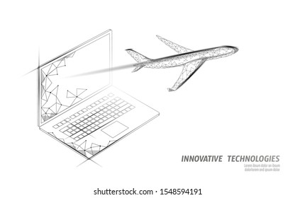 Airplane flying from laptop screen. Flight up tourism journey symbol. Airline flight reservation concept speed travel. Mobile app online store, technology banner template 3D vector illustration