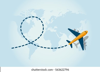 Airplane flying   leave blue dashed trace line  Illustration in vector 