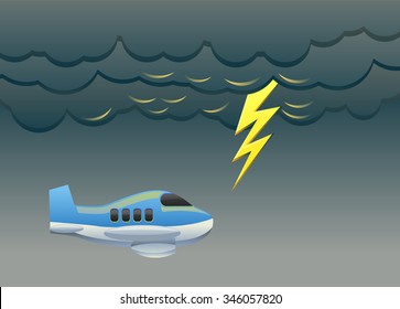 Airplane flying with lightning nearby vector illustration