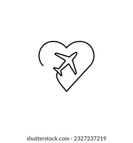 Airplane flying line icon. Heart sign. Plane with heart. Travel love icon.Love travel logo. Vector illustration 