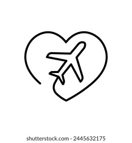 Airplane flying line icon. Heart sign. Plane with heart. Travel love icon.Love travel logo. Vector illustration