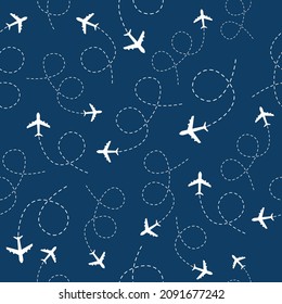 Flugzeug, das mit einem nahtlosen Streckenmuster fliegt. Flugreisekonzept auf blauem Hintergrund. Vektorgrafik.