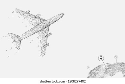 Airplane flying with Location pin form lines, triangles and particle style design. Illustration vector