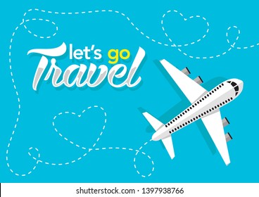 airplane flying with love dashed trace line banner in blue background. traveling love concept.