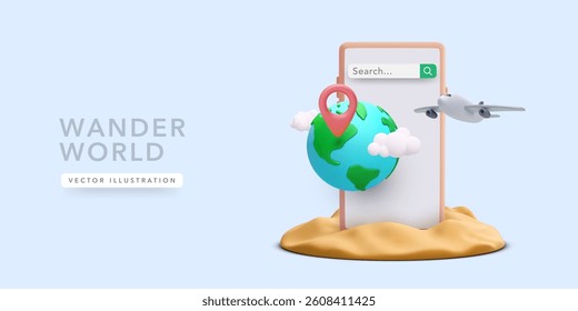 Airplane Flying Near Mobile Phone With Globe, Location Pin, and Search Bar in 3D Style. Perfect for Travel Apps, Booking Platforms, and World Exploration Concepts. Vector Illustration.