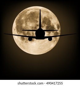 Airplane flying in the night sky with full moon. Vector EPS 8.