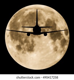 Airplane flying in the night sky with full moon. Vector EPS 8.