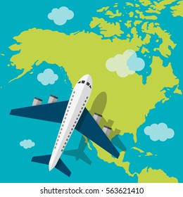 Airplane flying on the America. Vector illustration.
