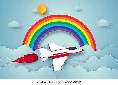 Airplane flying on blue sky with rainbow , paper art style