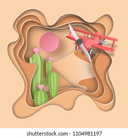 Airplane flying on carving of dune landscape and cactus plants. paper art style.