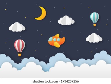 airplane flying on night sky with balloon. paper art travel background. vector Illustration.