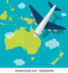 Airplane flying on the Oceania. Vector illustration.
